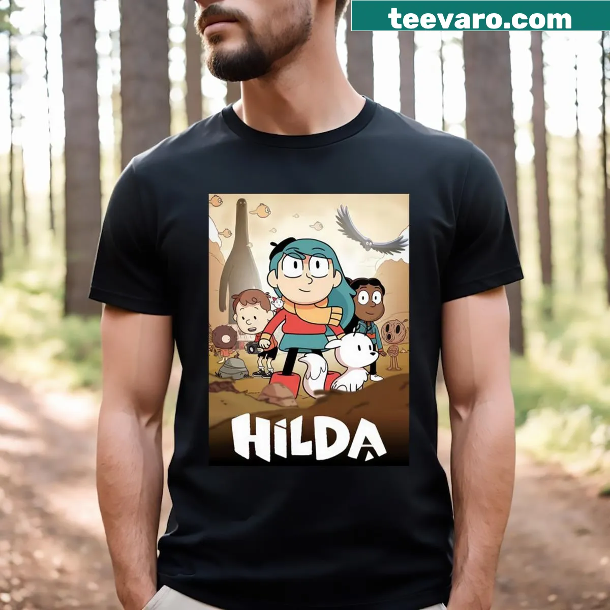 T-shirt celebrating the Hilda TV series with whimsical illustrations — on a men's t-shirt