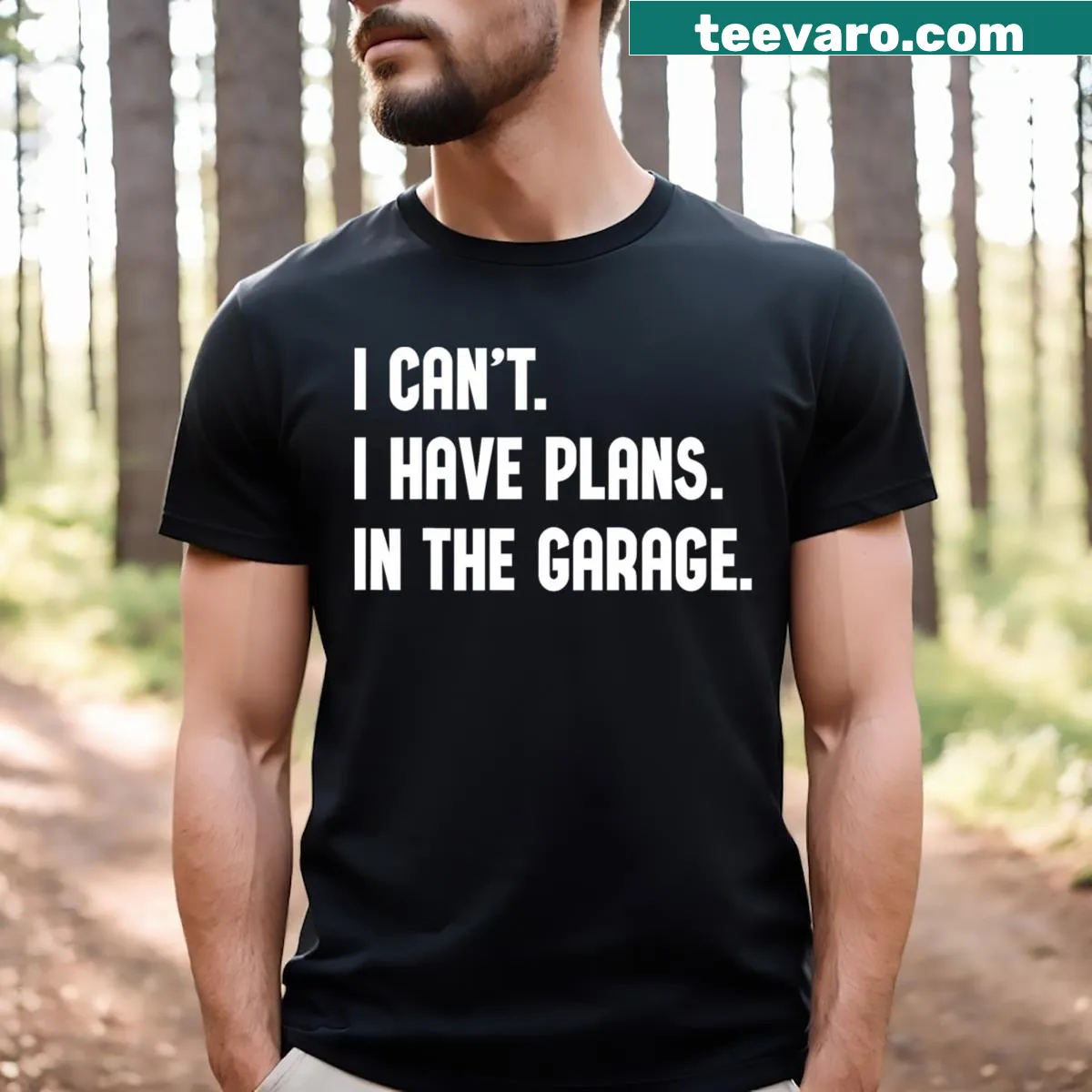 Funny car mechanic-themed t-shirt with garage plans text — on a men's t-shirt