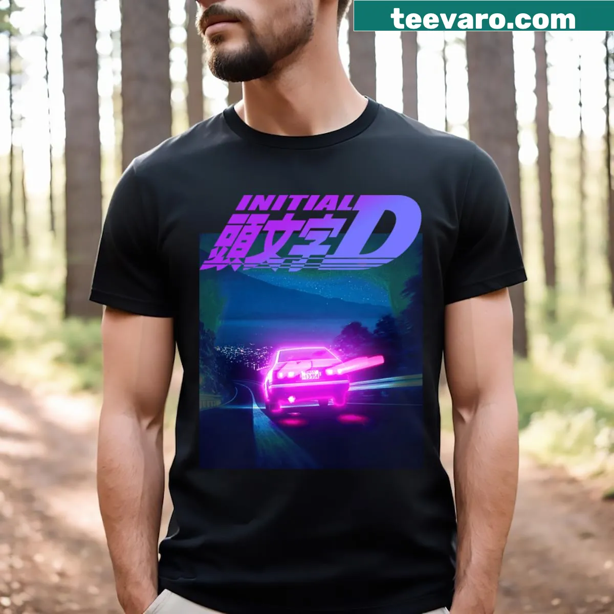 Neon light-themed Initial D AE86 t-shirt — on a men's t-shirt