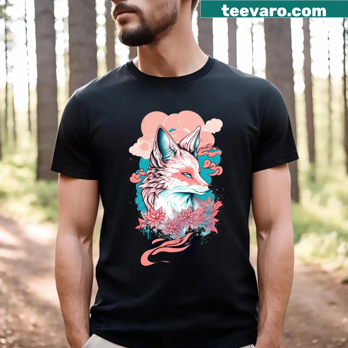 Illustrated t-shirt featuring a Kitsune fox design — on a men's t-shirt
