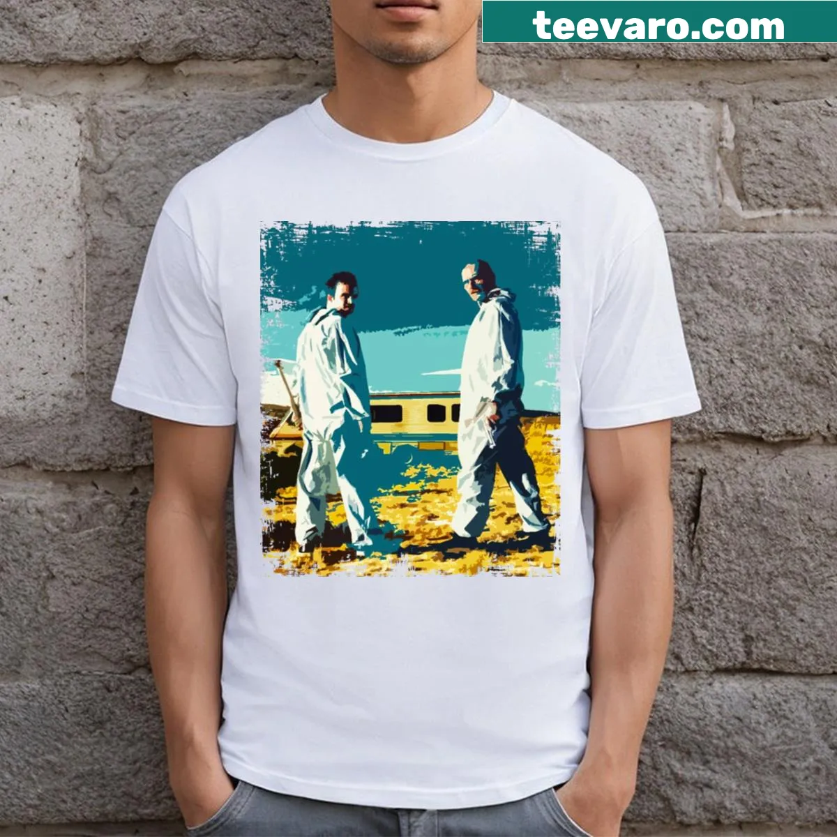 Graphic t-shirt featuring Jesse and Heisenberg design — on a men's t-shirt