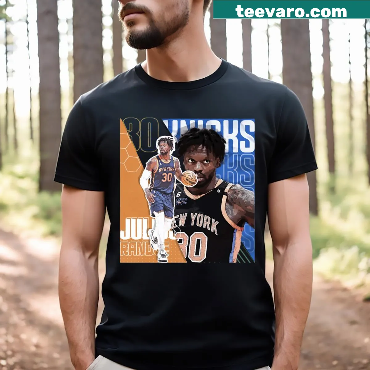 Knicks-themed T-shirt featuring Julius Randle basketball design — on a men's t-shirt