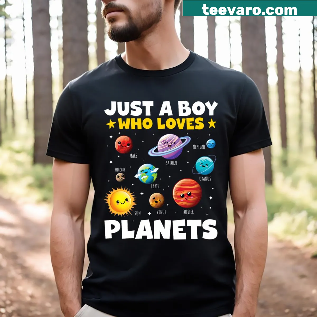 Illustrated T-shirt depicting planets and stars for space-loving boys — on a men's t-shirt