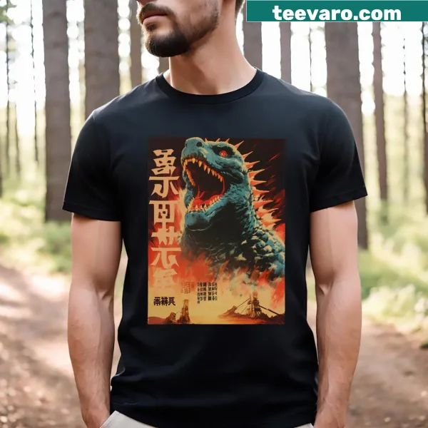 Retro graphic of Godzilla in battle on T-shirt
