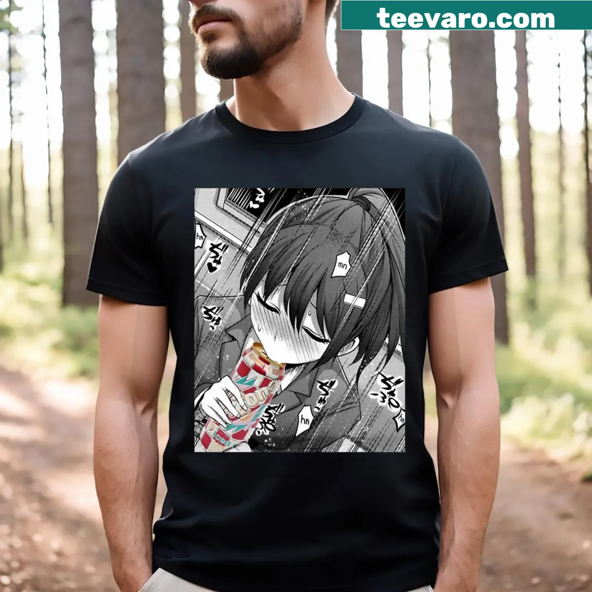 Cartoon-style T-shirt featuring a humorous anime theme — on a men's t-shirt