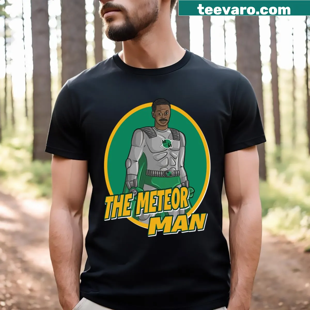 Illustrative T-shirt featuring a cool superhero logo — on a men's t-shirt