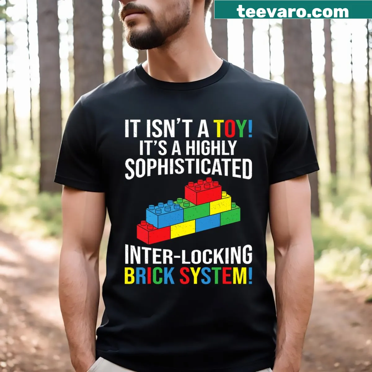 Illustrated T-shirt with colorful blocks and bricks design for builders — on a men's t-shirt