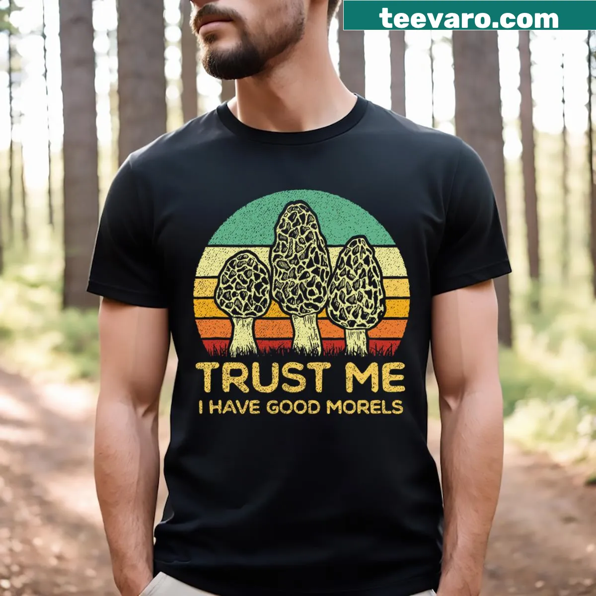 Funny mushroom foraging T-shirt with morel graphic — on a men's t-shirt