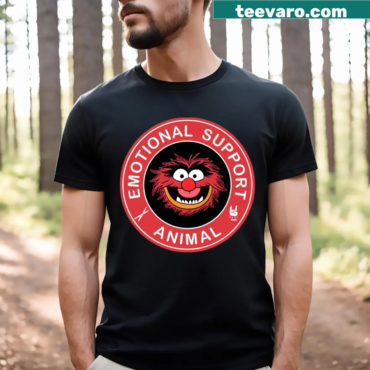 T-shirt with cartoon design about emotional support animals — on a men's t-shirt