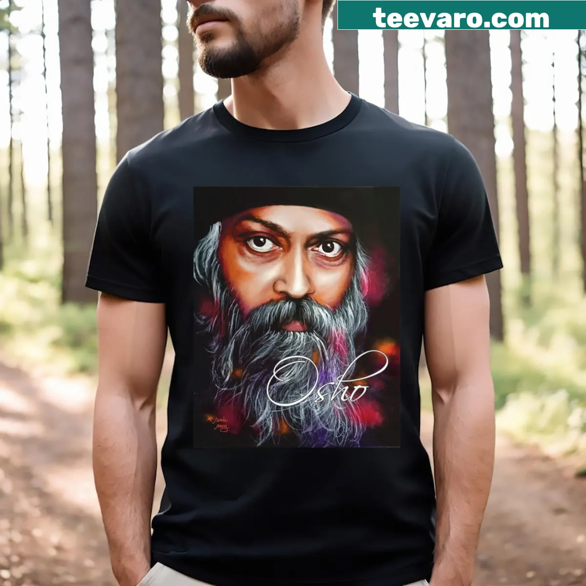 Osho portrait t-shirt featuring a striking artistic illustration — on a men's t-shirt