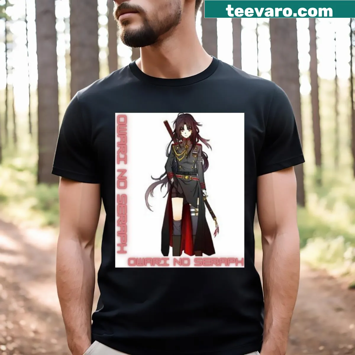 Illustrated Owari No Seraph T-shirt with iconic series elements — on a men's t-shirt