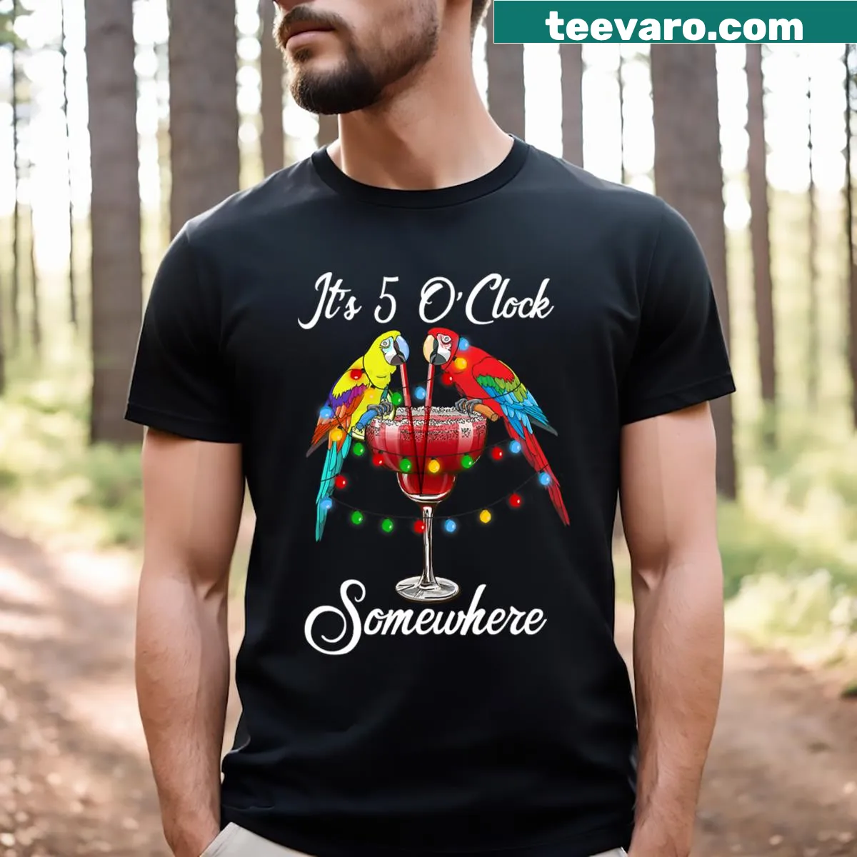 Whimsical parrot t-shirt with margaritas and fun typography. — on a men's t-shirt
