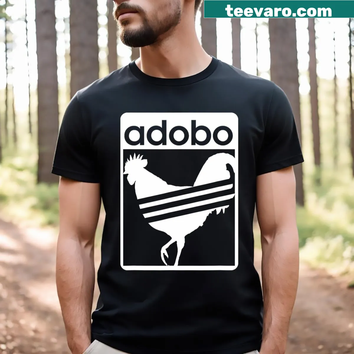 Funny Chicken Adobo graphic T-shirt celebrating Filipino cuisine — on a men's t-shirt