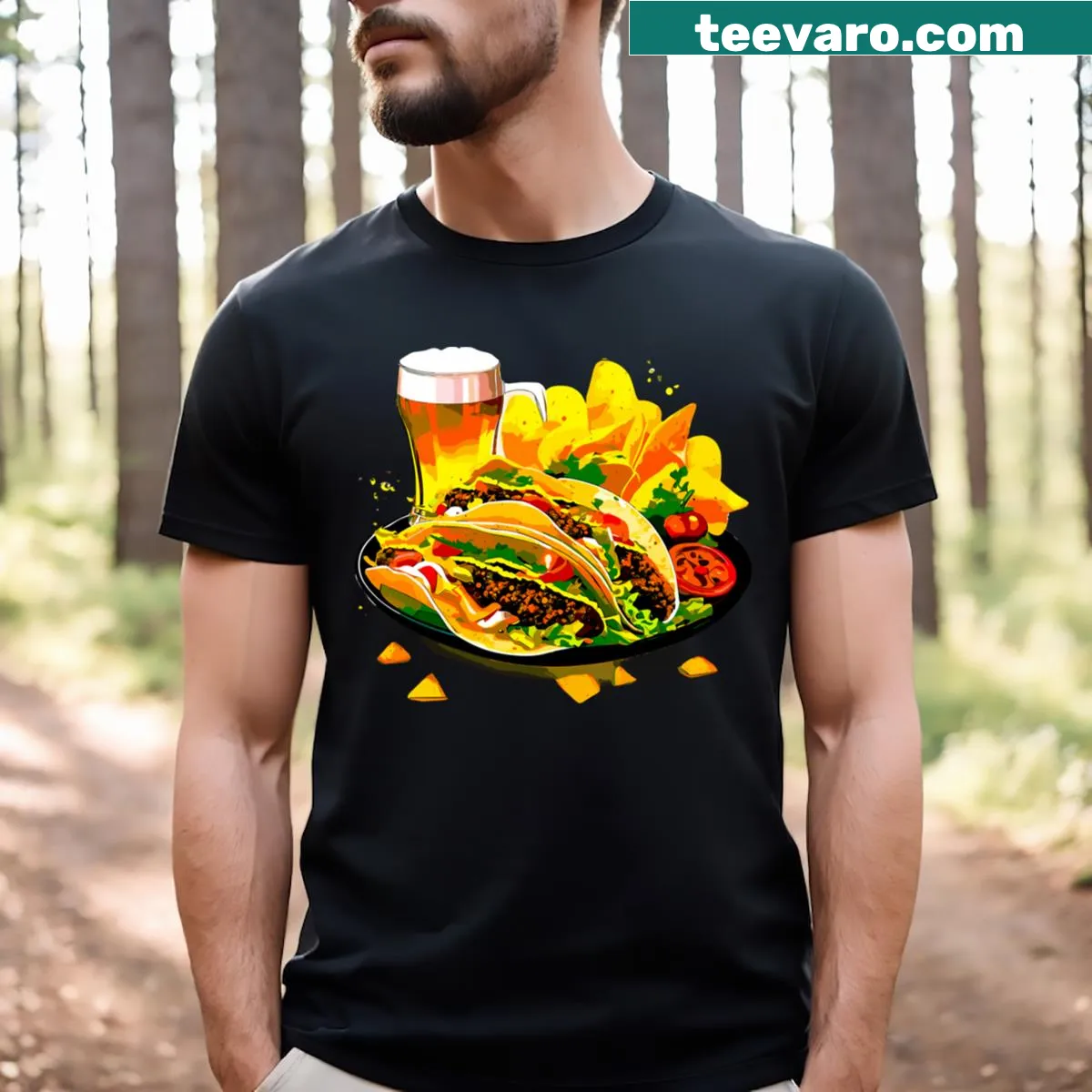 Pop art taco Tuesday design T-shirt featuring chips and beer — on a men's t-shirt