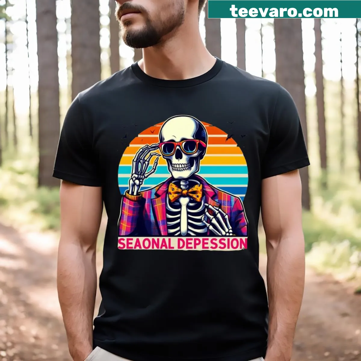 Edgy T-shirt featuring a preppy skeleton design about seasonal depression. — on a men's t-shirt