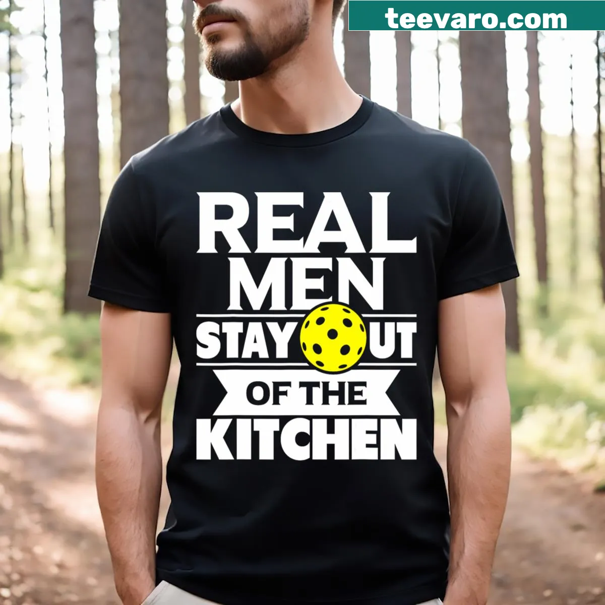 Funny T-shirt declaring Real Men Stay Out Of The Kitchen. — on a men's t-shirt