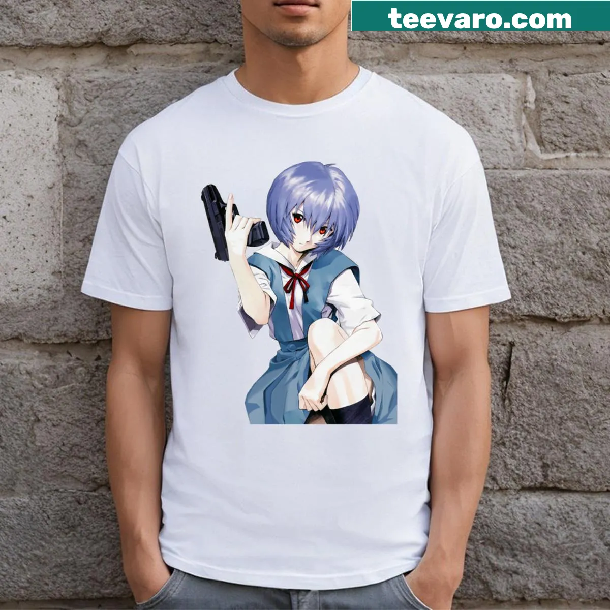 Rei character with gun graphic t-shirt — on a men's t-shirt