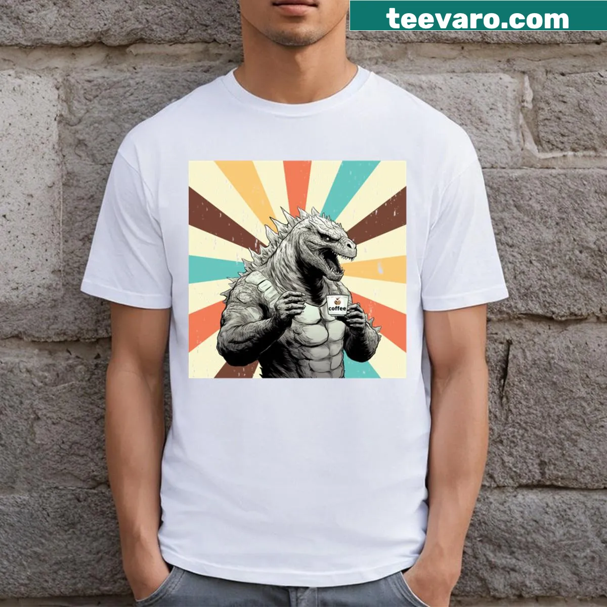 Retro Godzilla graphic with coffee on t-shirt — on a men's t-shirt