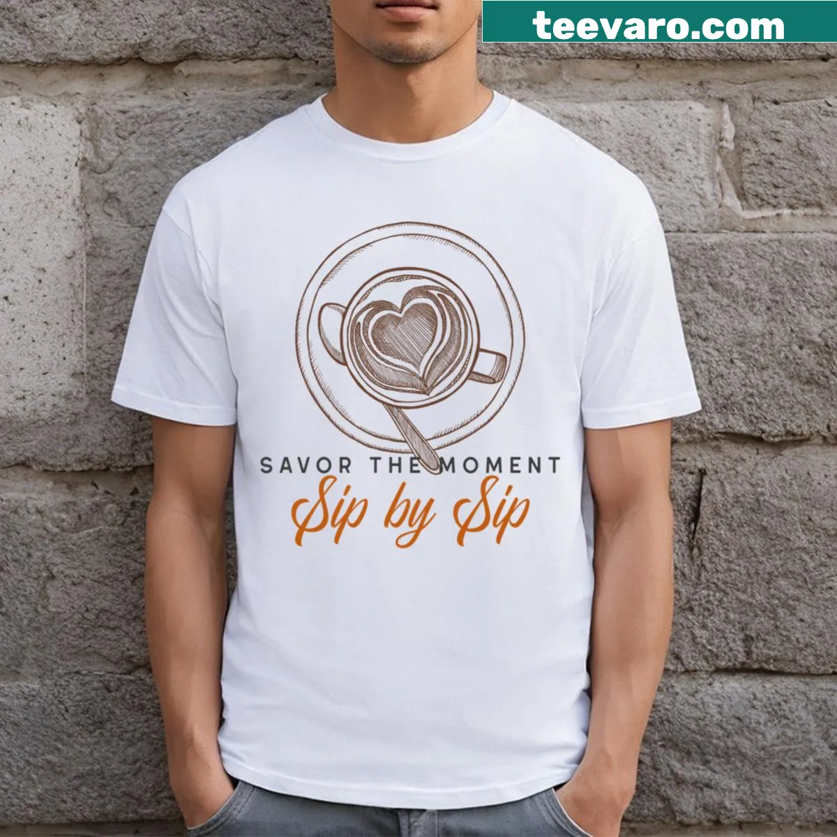 T-shirt featuring a coffee cup graphic and 'Savor The Moment' text — on a men's t-shirt