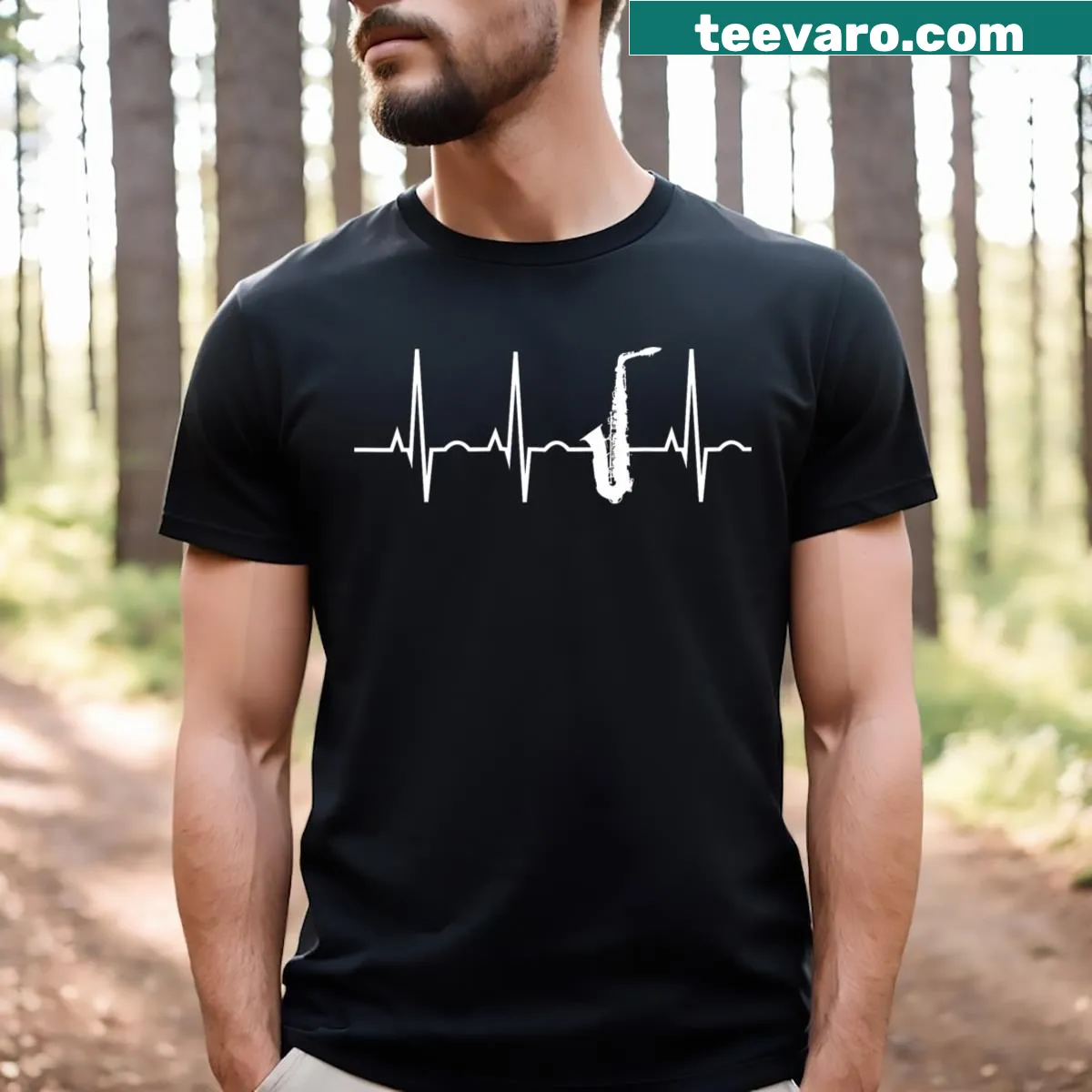 Saxophone and heartbeat graphic on T-shirt — on a men's t-shirt
