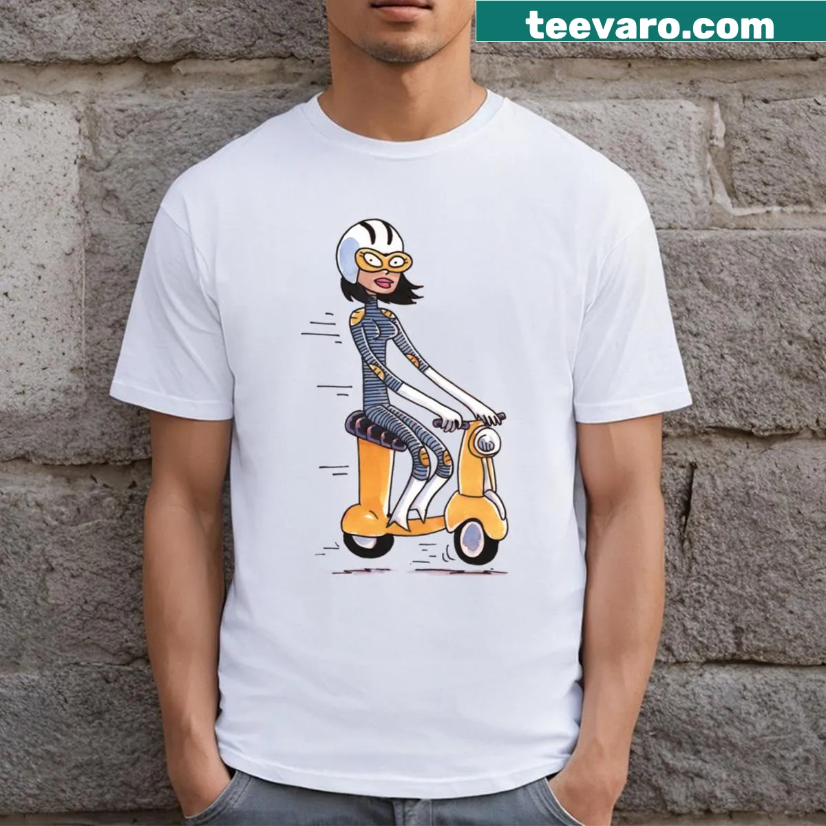 Cartoon design of a girl on a scooter on a t-shirt — on a men's t-shirt