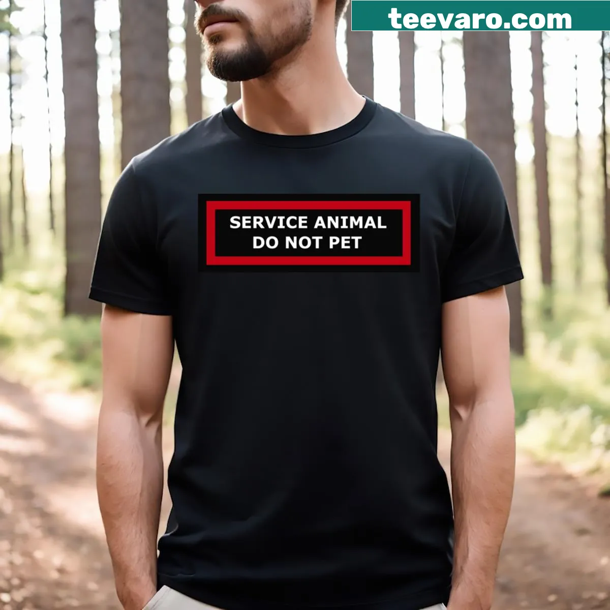 T-shirt with clear text 'Do Not Pet' regarding service animals — on a men's t-shirt