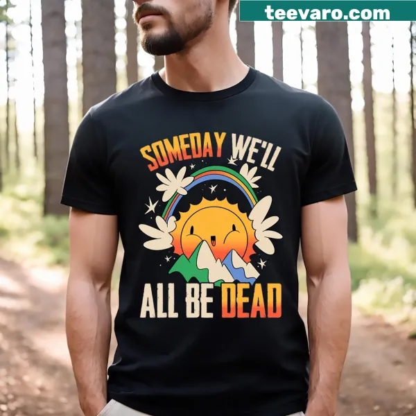 Cartoon sun and rainbow mountain design with a humorous phrase on a T-shirt