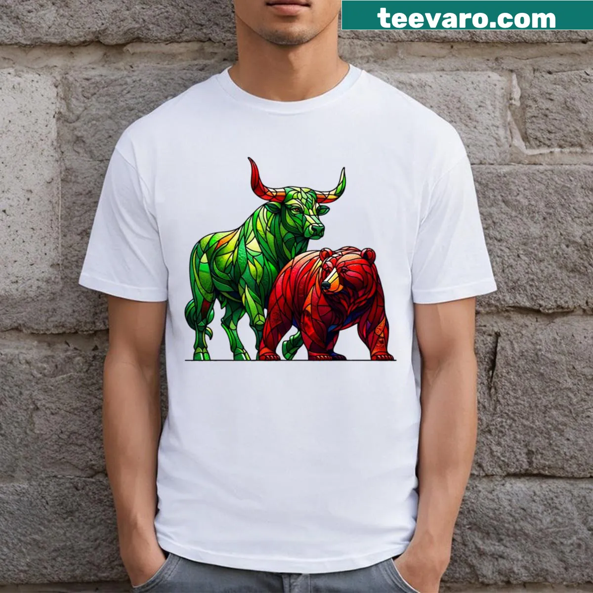 Stained glass-style illustration of a bear and bull on a T-shirt — on a men's t-shirt