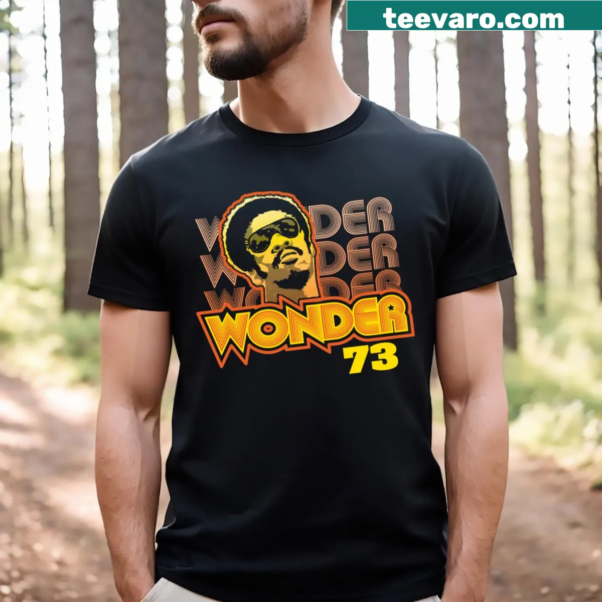 Tribute t-shirt featuring Stevie Wonder's 1973 achievements — on a men's t-shirt