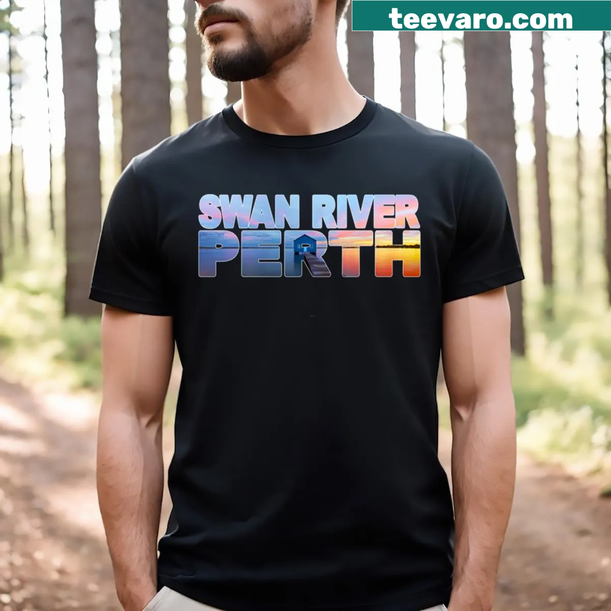 Swan River Boathouse graphic t-shirt representing Perth, Australia — on a men's t-shirt