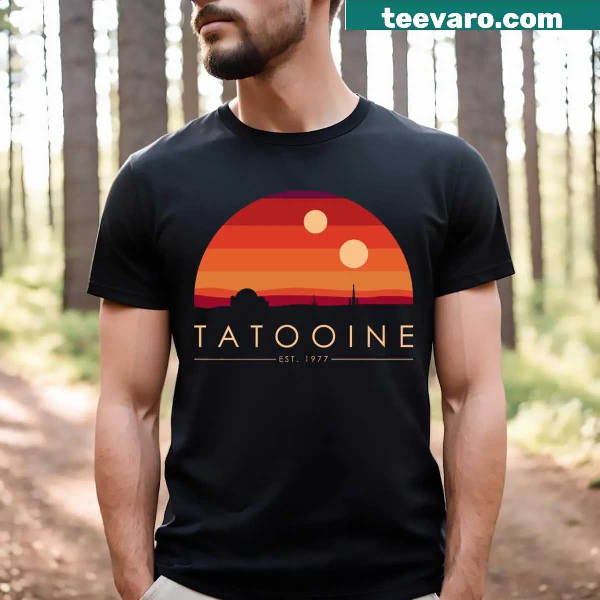 T-shirt featuring design inspired by Tatooine from sci-fi stories — on a men's t-shirt