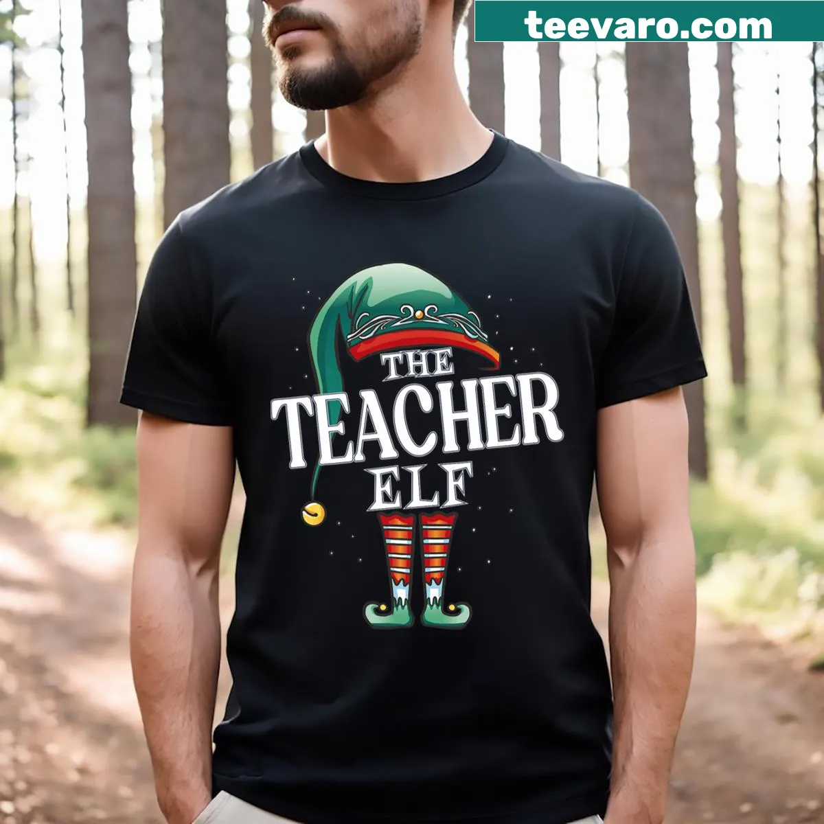 Christmas-themed T-shirt with elf illustration for teachers — on a men's t-shirt