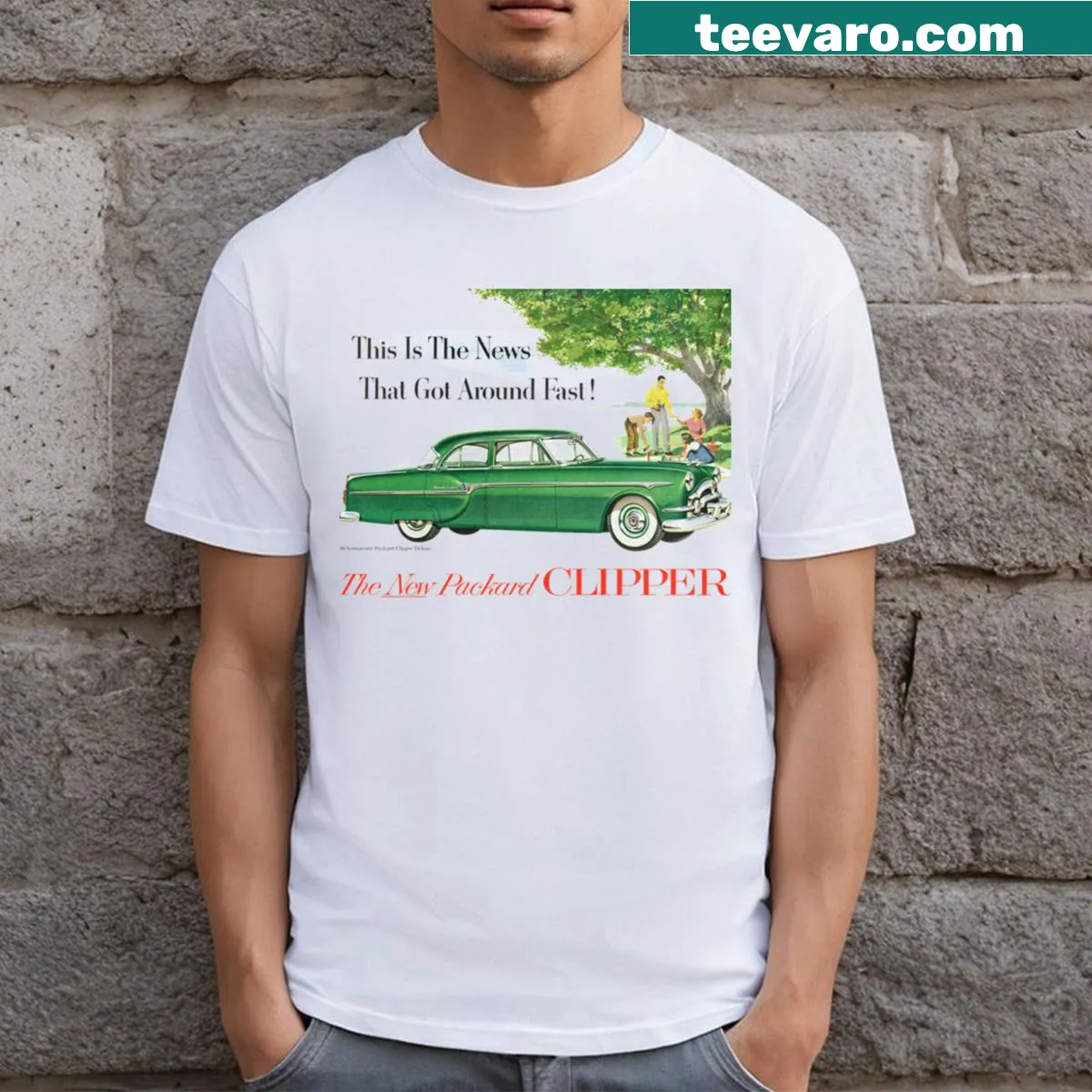 Vintage T-shirt celebrating the 1953 Packard Clipper car. — on a men's t-shirt
