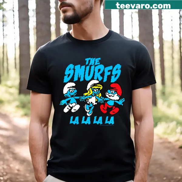 Pixelated Smurfs cartoon t-shirt featuring beloved characters