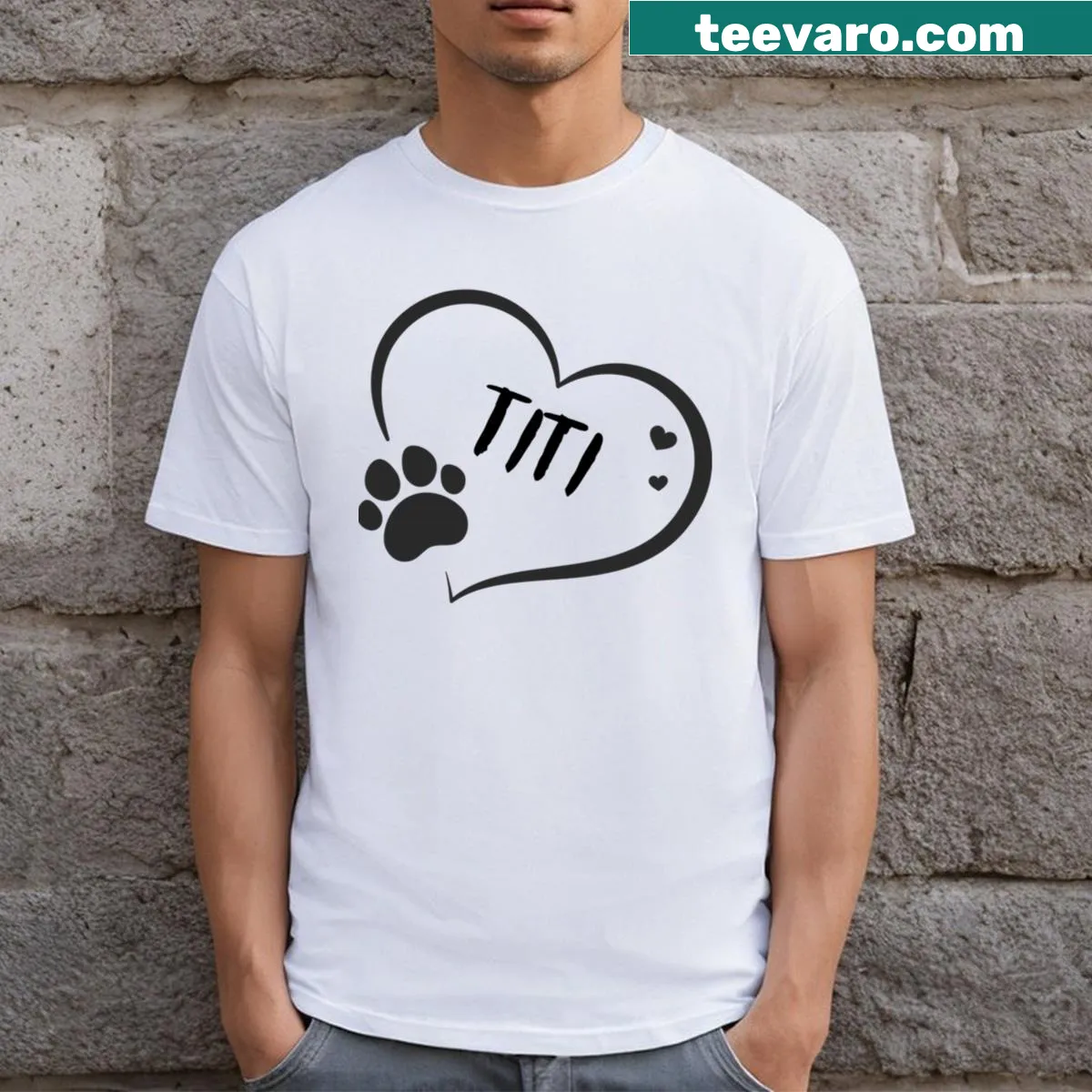 Heart and paw graphic with pet name illustration. — on a men's t-shirt