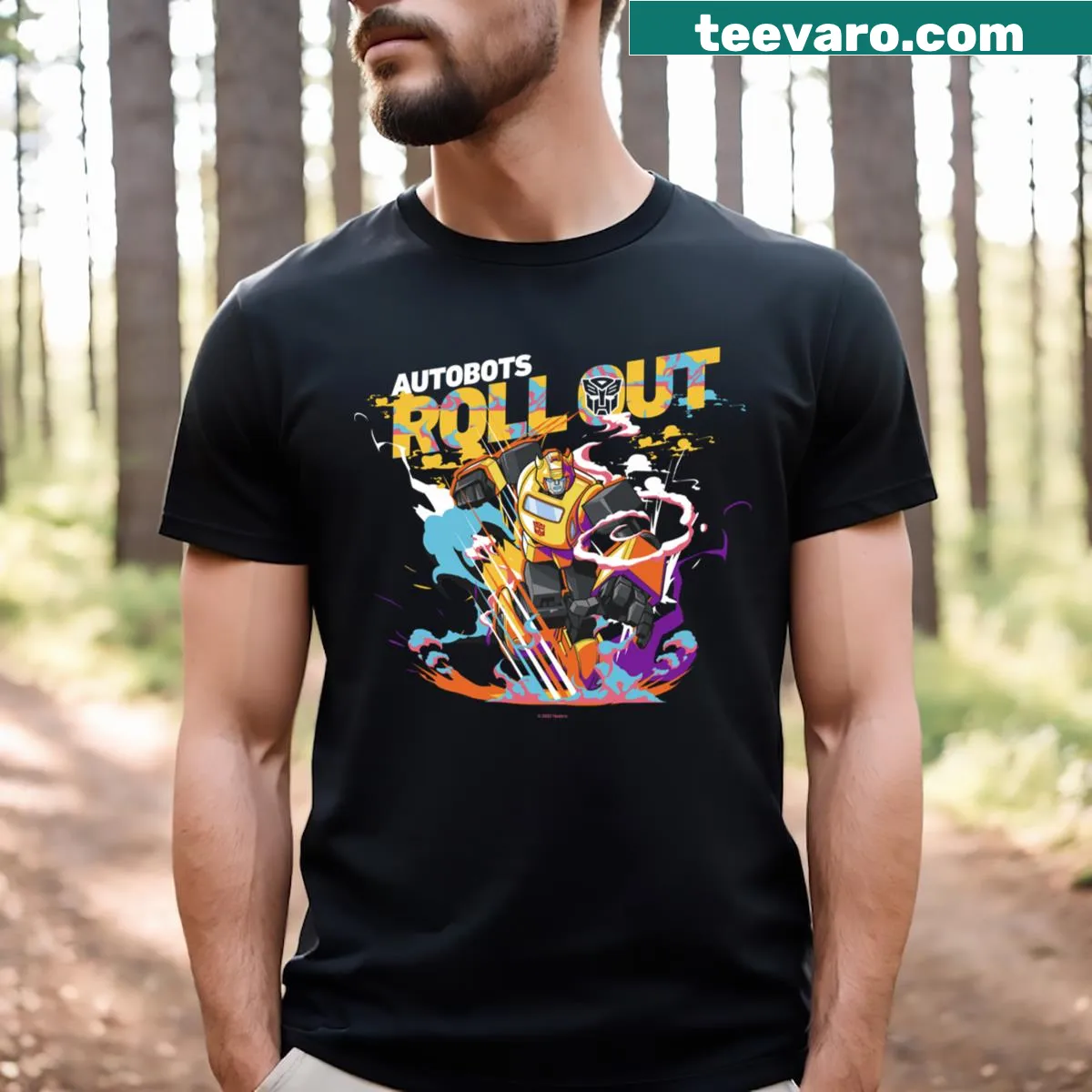 Dynamic Bumblebee graphic from Transformers on T-shirt — on a men's t-shirt
