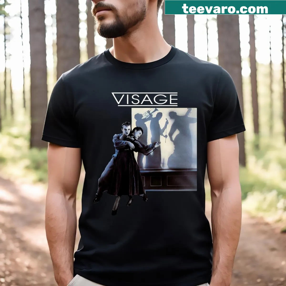 Retro punk band Visage album art T-shirt — on a men's t-shirt