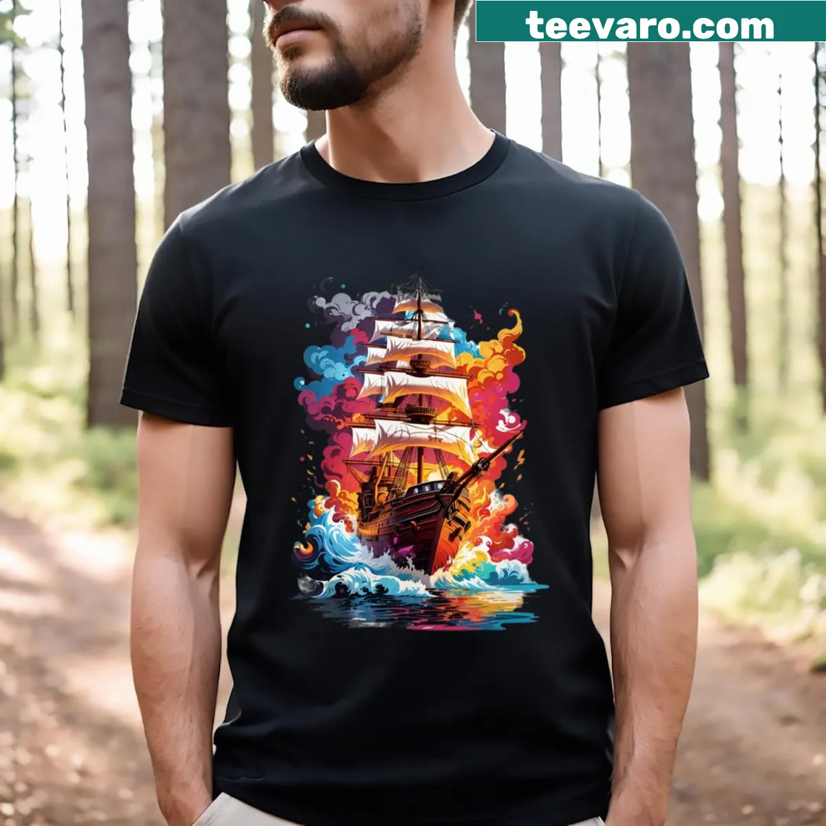Illustrated T-shirt of coolers sailing on artistic seas — on a men's t-shirt