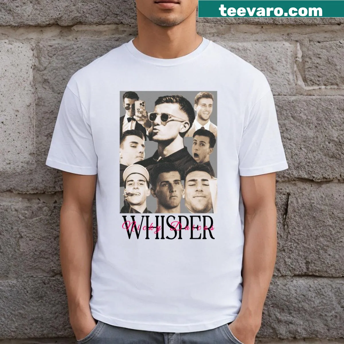 Humorous T-shirt featuring 'Whisper X Wallop Fam' text — on a men's t-shirt
