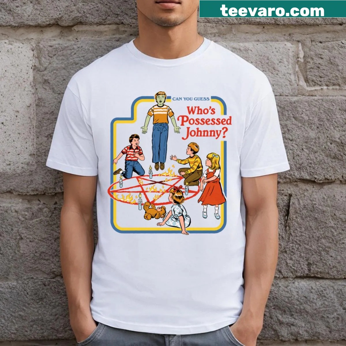 Who's Possessed Johnny T-shirt with bold horror-themed graphic — on a men's t-shirt