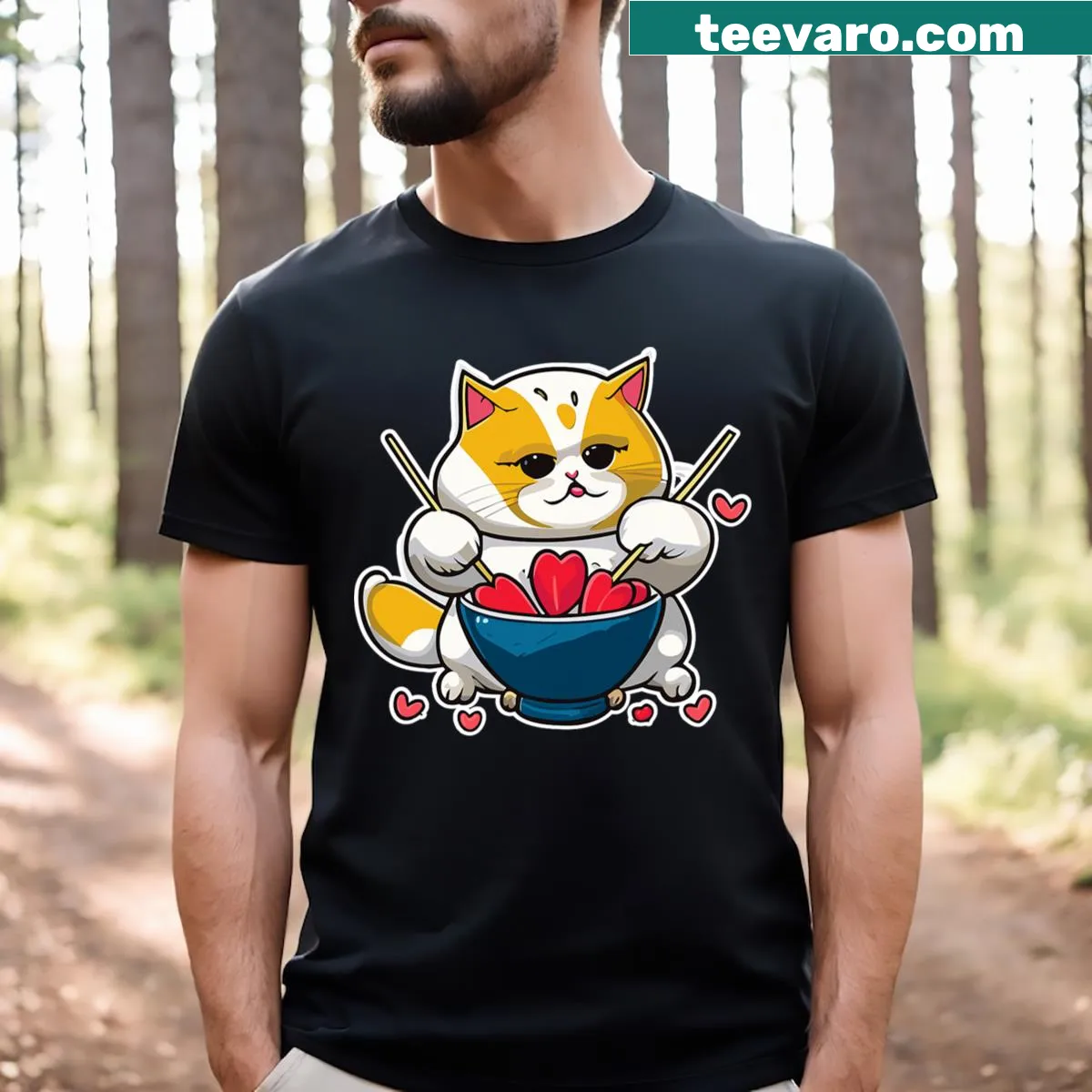 Anime cat eating ramen surrounded by hearts — on a men's t-shirt