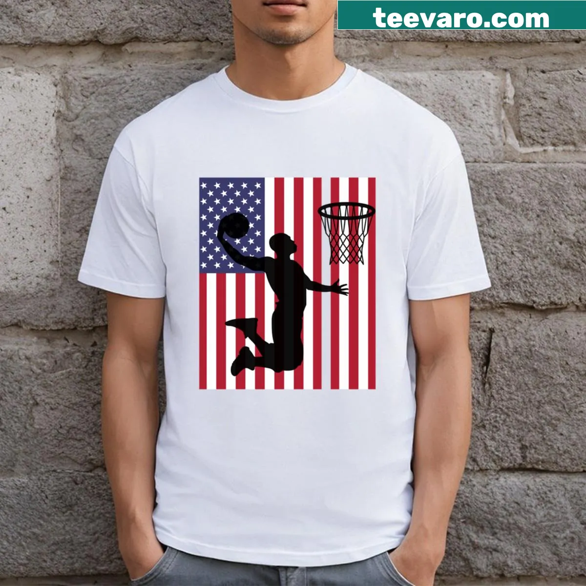 USA flag basketball graphic on men's t-shirt — on a men's t-shirt