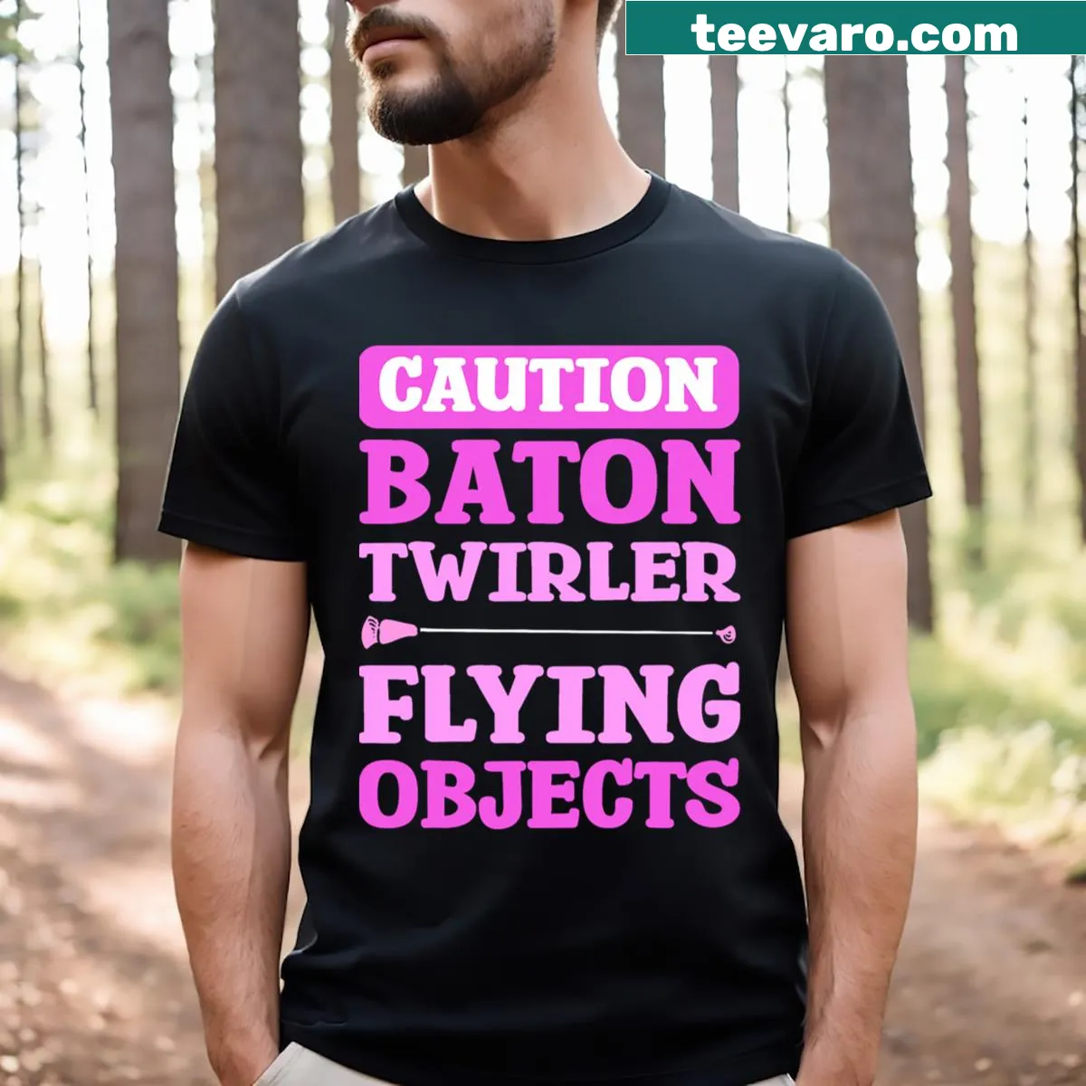 Caution t-shirt for baton twirlers featuring playful flying objects text — on a men's t-shirt