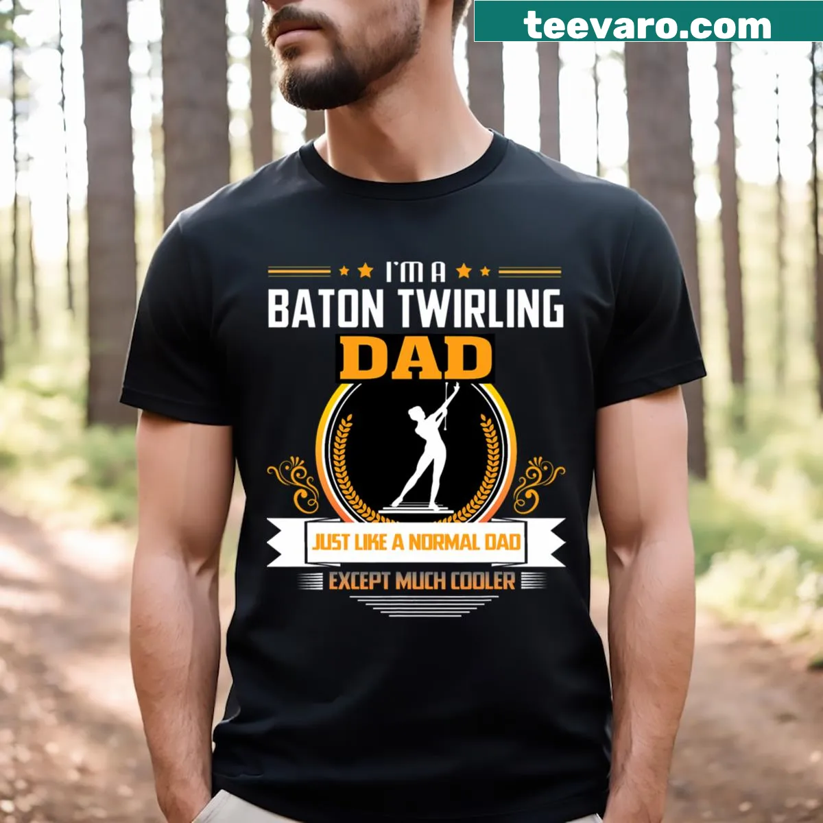 Cartoon baton twirling dad graphic for Christmas — on a men's t-shirt