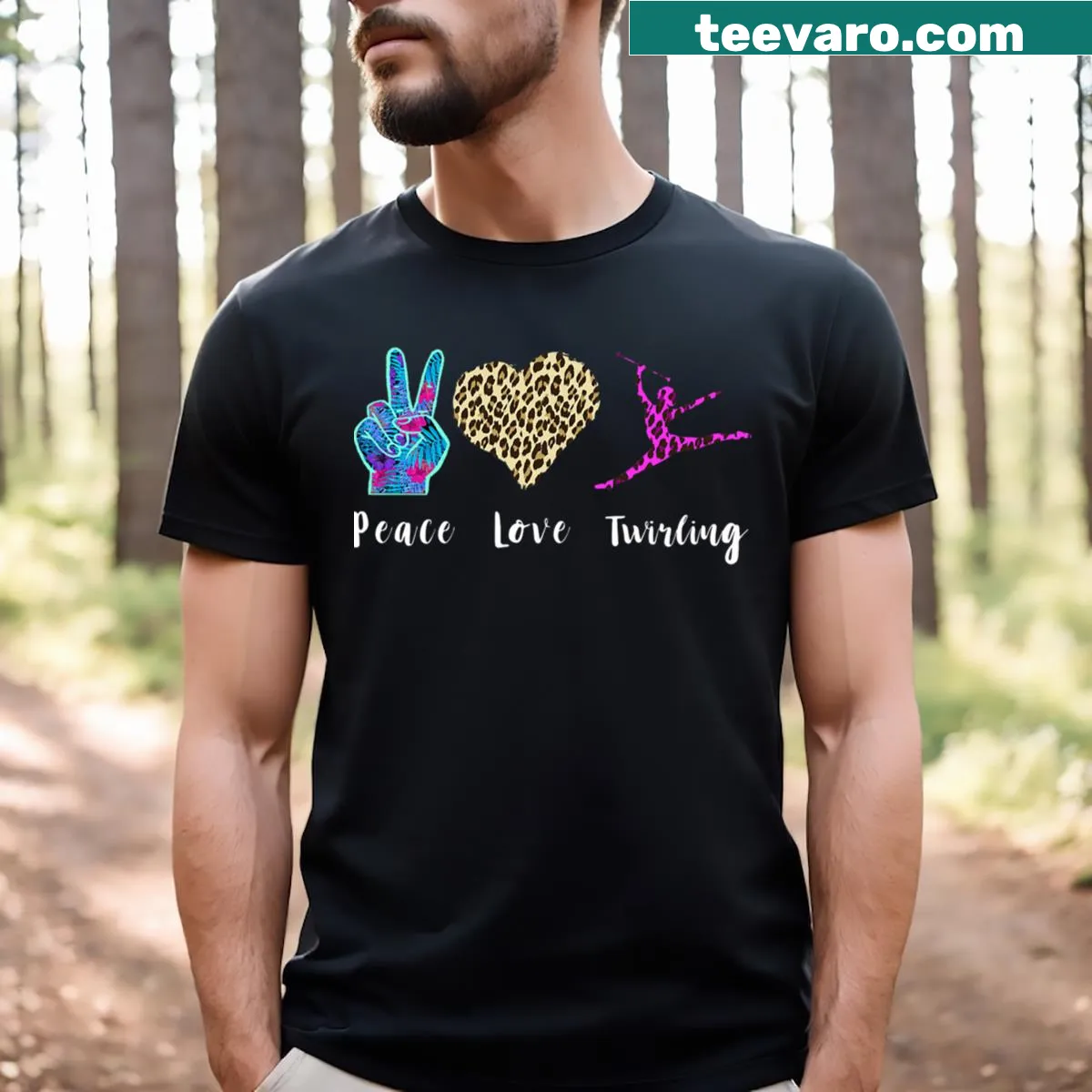 Playful baton twirling t-shirt with a cartoon leopard design — on a men's t-shirt