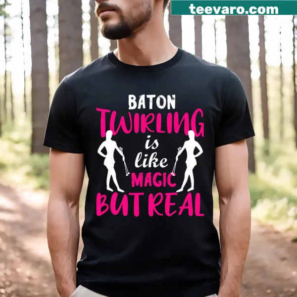 Whimsical baton twirling design on a sporty T-shirt for gymnasts.