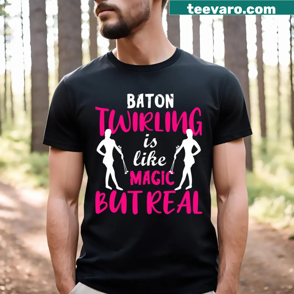 Whimsical baton twirling design on a sporty T-shirt for gymnasts. — on a men's t-shirt