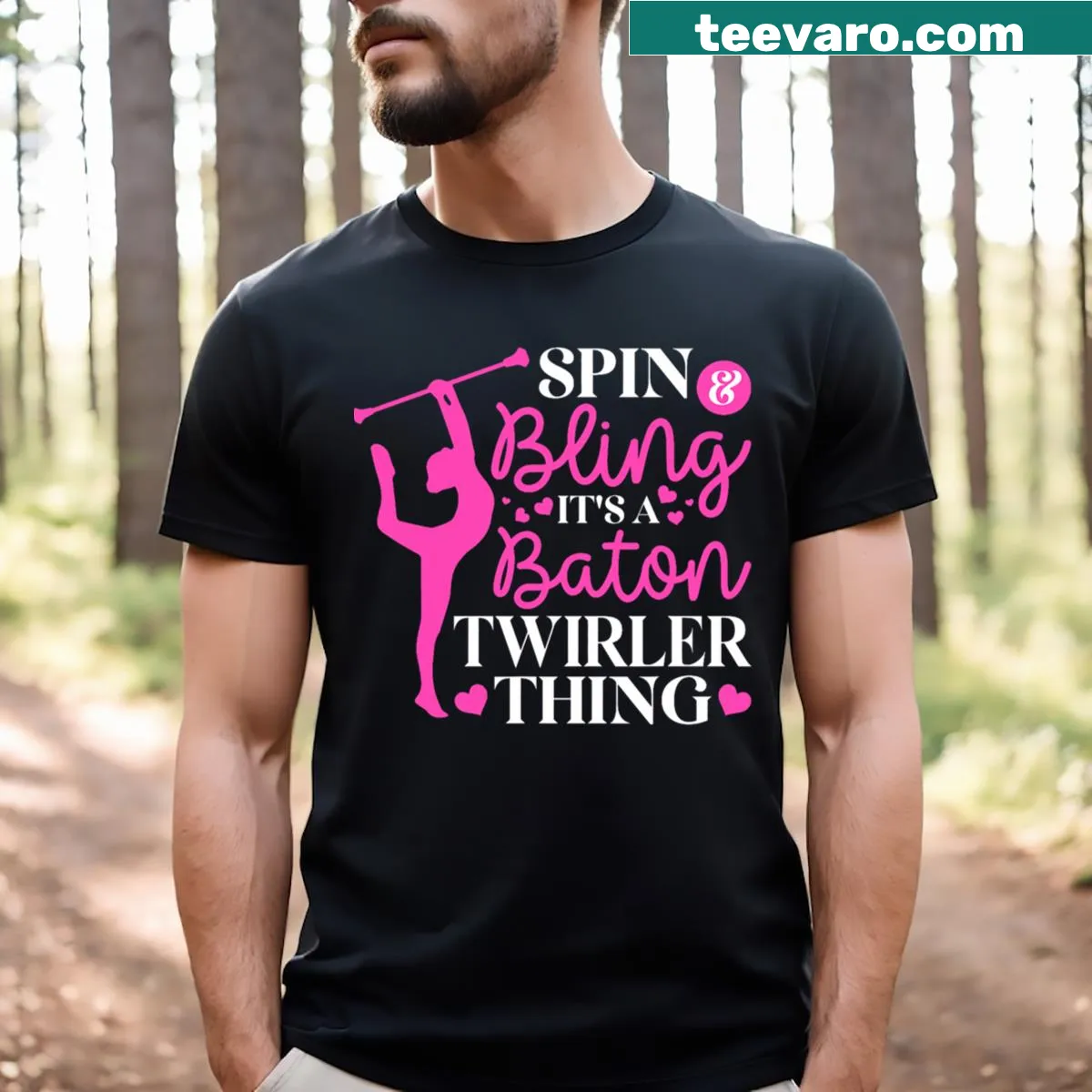 Playful baton twirling t-shirt with spin and bling theme — on a men's t-shirt