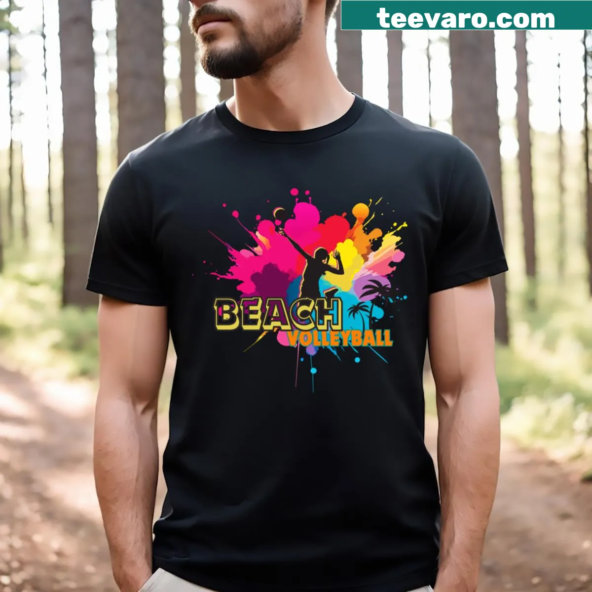 Beach volleyball-themed t-shirt with energetic design — on a men's t-shirt