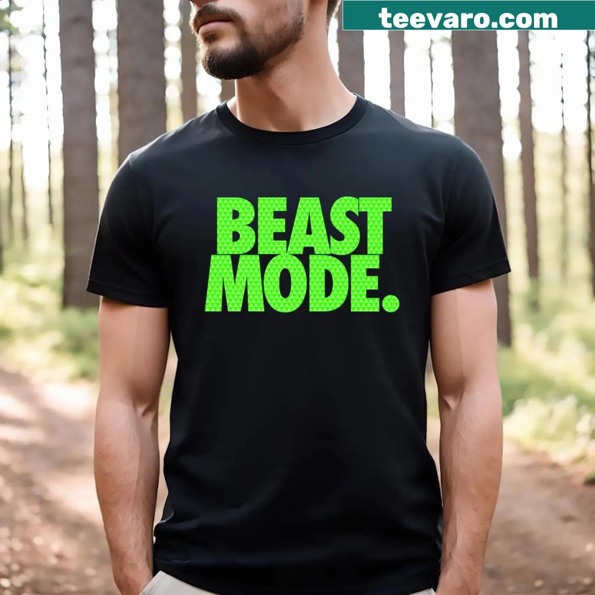 Bold Electric Green Beast Mode t-shirt with motivational text — on a men's t-shirt
